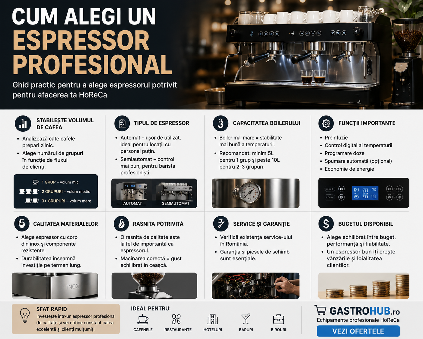 Ce aparat de cafea alegi pentru cafenea? Ghid complet pentru alegerea espressorului profesional
