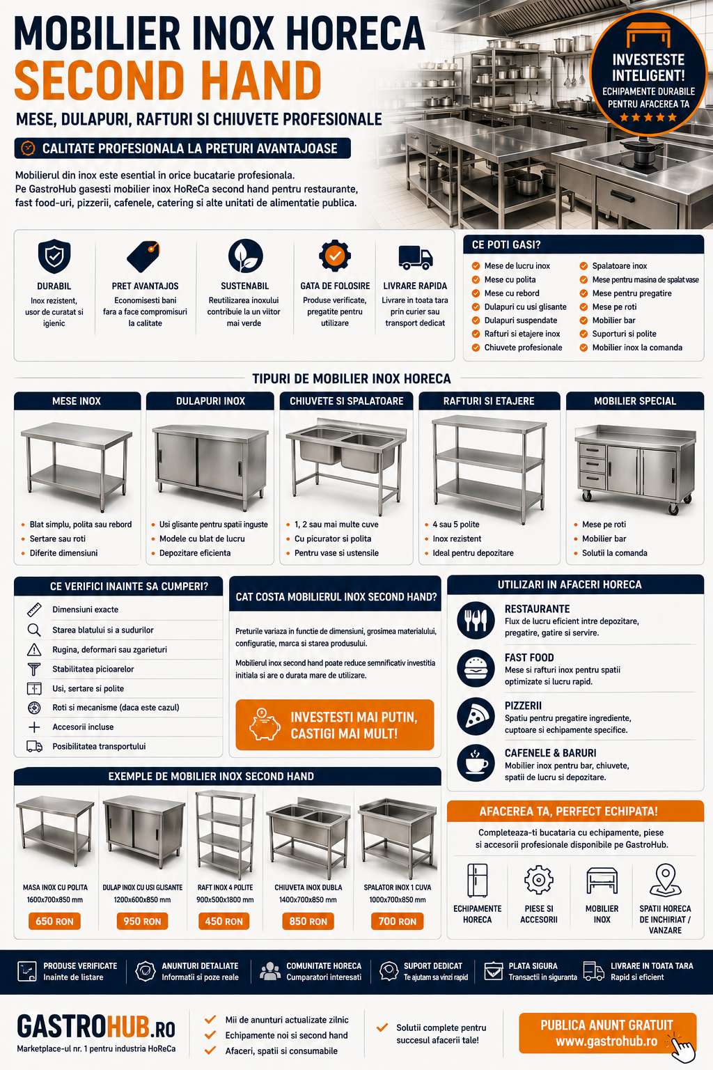 Mobilier Inox HoReCa Second Hand – Mese, Dulapuri, Rafturi si Chiuvete Profesionale