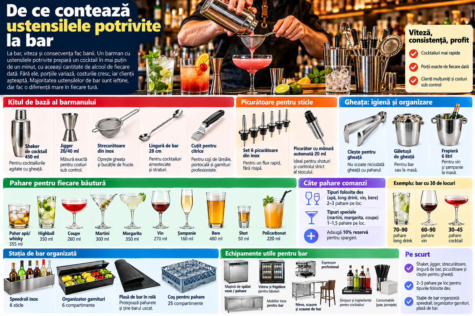Ustensile de bar și pahare pentru barman: lista completă pentru bar și cocktailuri (ghid 2026)