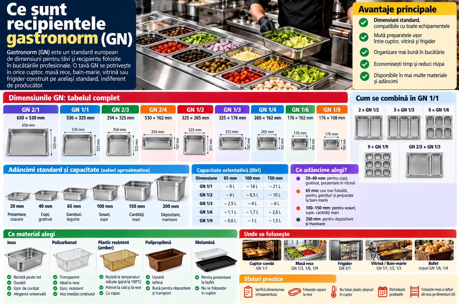 Recipiente gastronorm (GN): dimensiuni, adâncimi și cum alegi tăvile GN potrivite (ghid 2026)