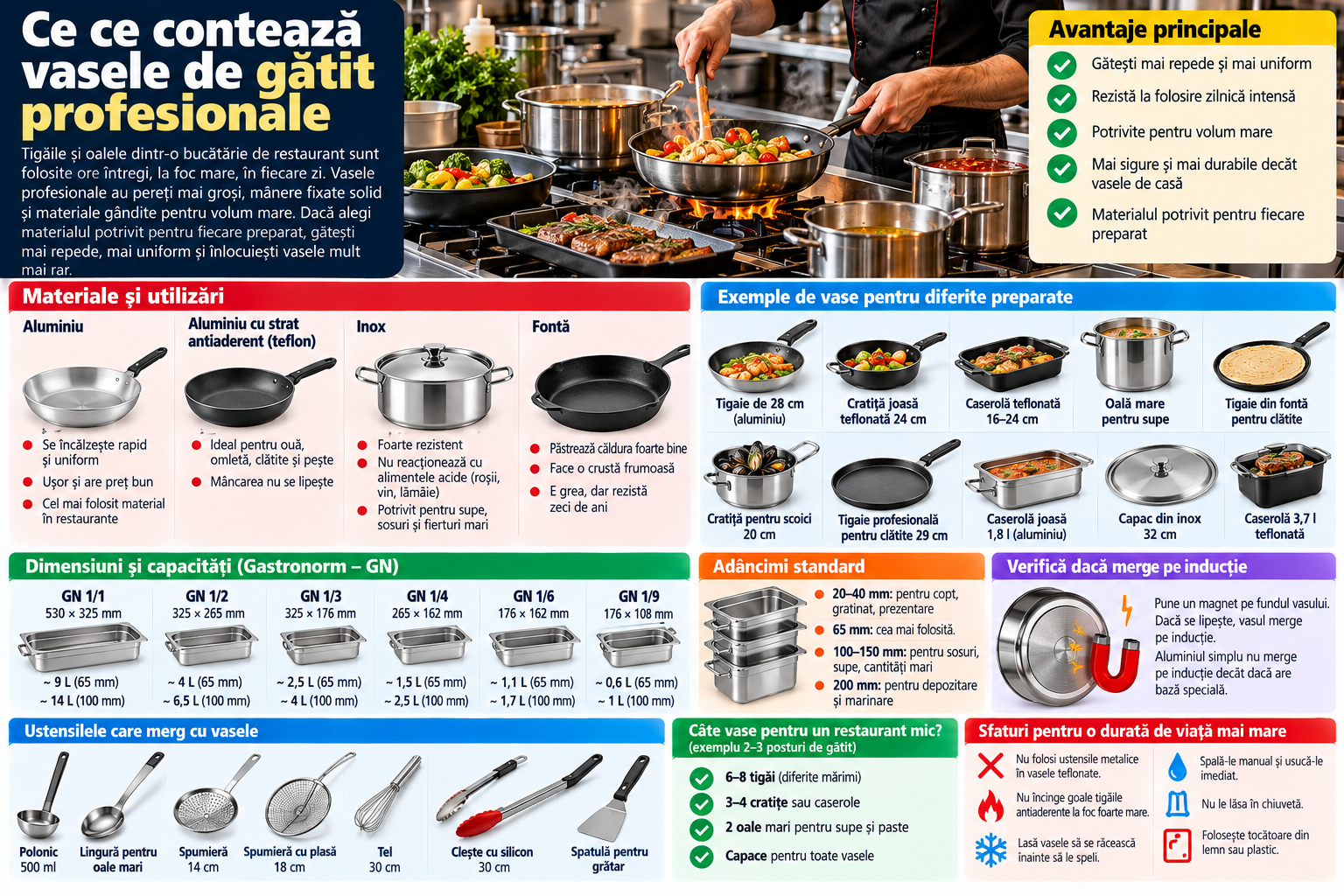 Tigăi și oale profesionale pentru restaurant: aluminiu, teflon, inox sau fontă? (ghid 2026)