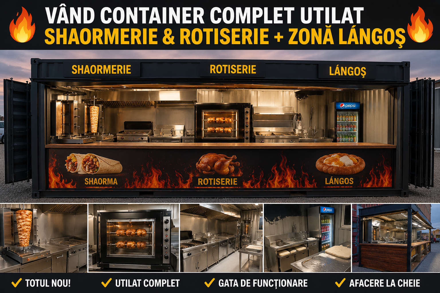 🔥 VÂND CONTAINER COMPLET UTILAT – SHAORMERIE & ROTISERIE + ZONĂ LÁNGOȘ 🔥
