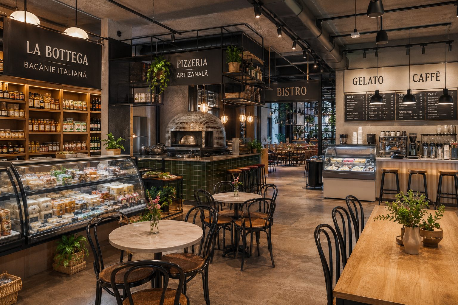 Băcănie italiană cu pizzerie artizanală, o cafenea cu gelato, un bistro și o zonă dedicată servirii clienților