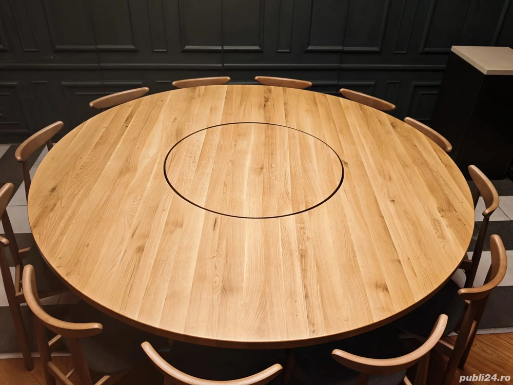 Vand masa rotunda din stejar masiv cu blat rotativ (Lazy Susan) pentru 12 persoane – ideala pentru restaurant sau evenimente - Imagine 2