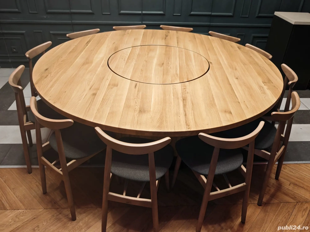 Vand masa rotunda din stejar masiv cu blat rotativ (Lazy Susan) pentru 12 persoane – ideala pentru restaurant sau evenimente - Imagine 3