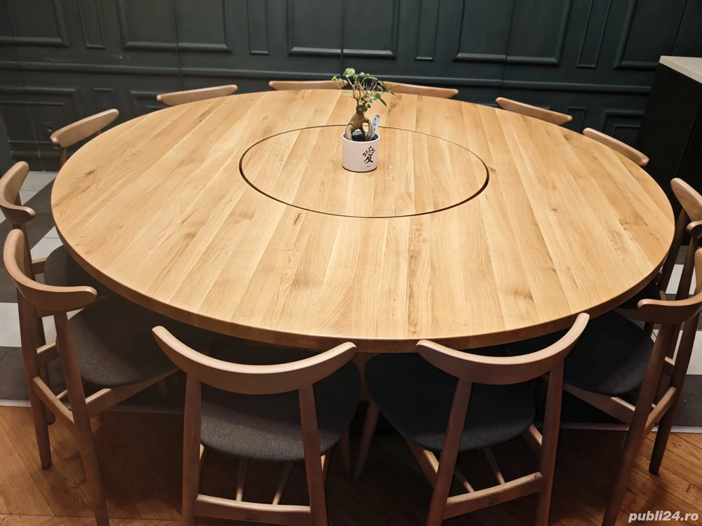 Vand masa rotunda din stejar masiv cu blat rotativ (Lazy Susan) pentru 12 persoane – ideala pentru restaurant sau evenimente - Imagine 4