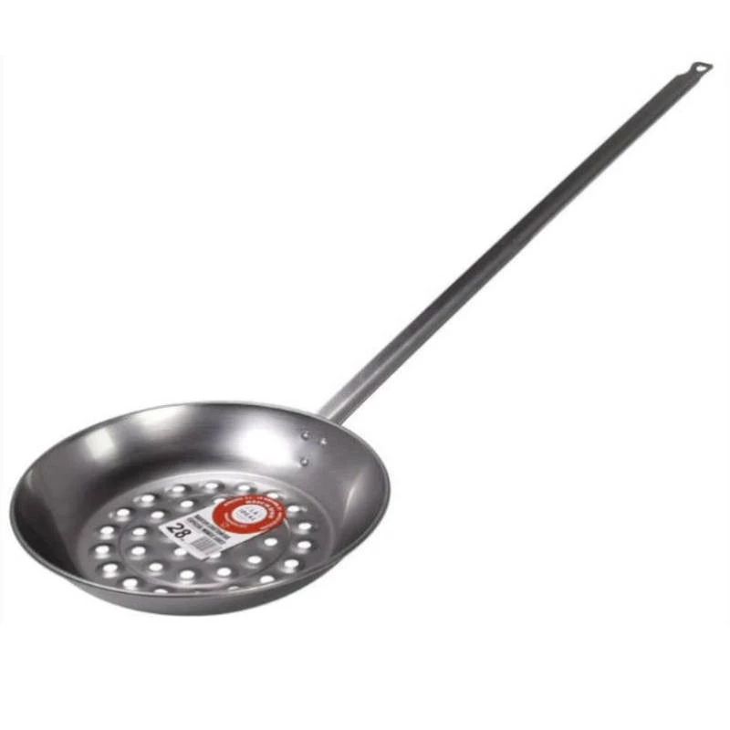 Tigaie pentru prajit castane 28 cm Garcima din otel cu maner lung 70 cm pentru foc deschis, aragaz si inductie - Imagine 2