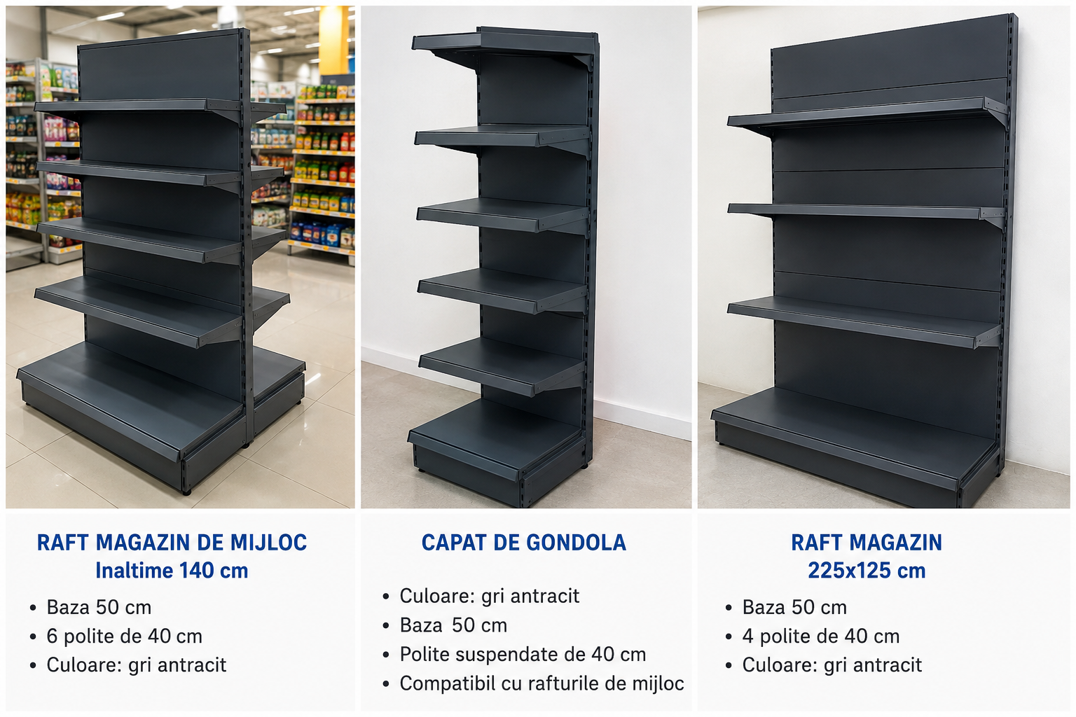 Raft magazin de mijloc gri-antracit, înălțime 140 cm, Baza 50 cm + 6 polite de 40 cm  Rafturi Magazin Metalice Gri Antracit – Gondola Centrala, Capat si Raft Perete
