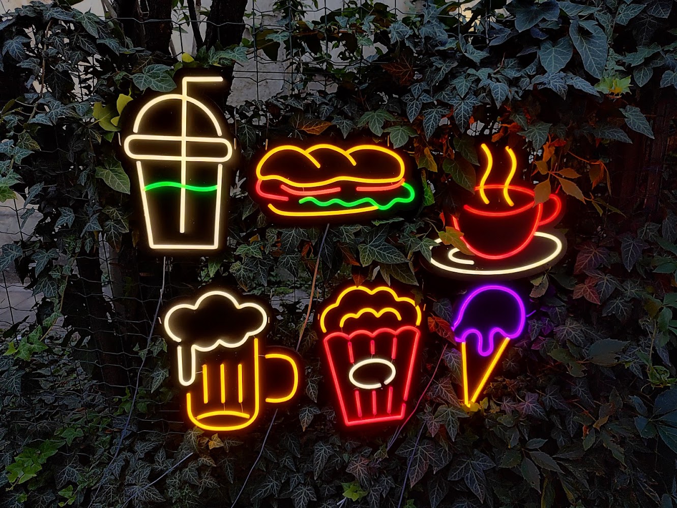 Set reclame luminoase LED Neon Fast Food – Burger, Cafea, Bere, Popcorn, Inghetata
