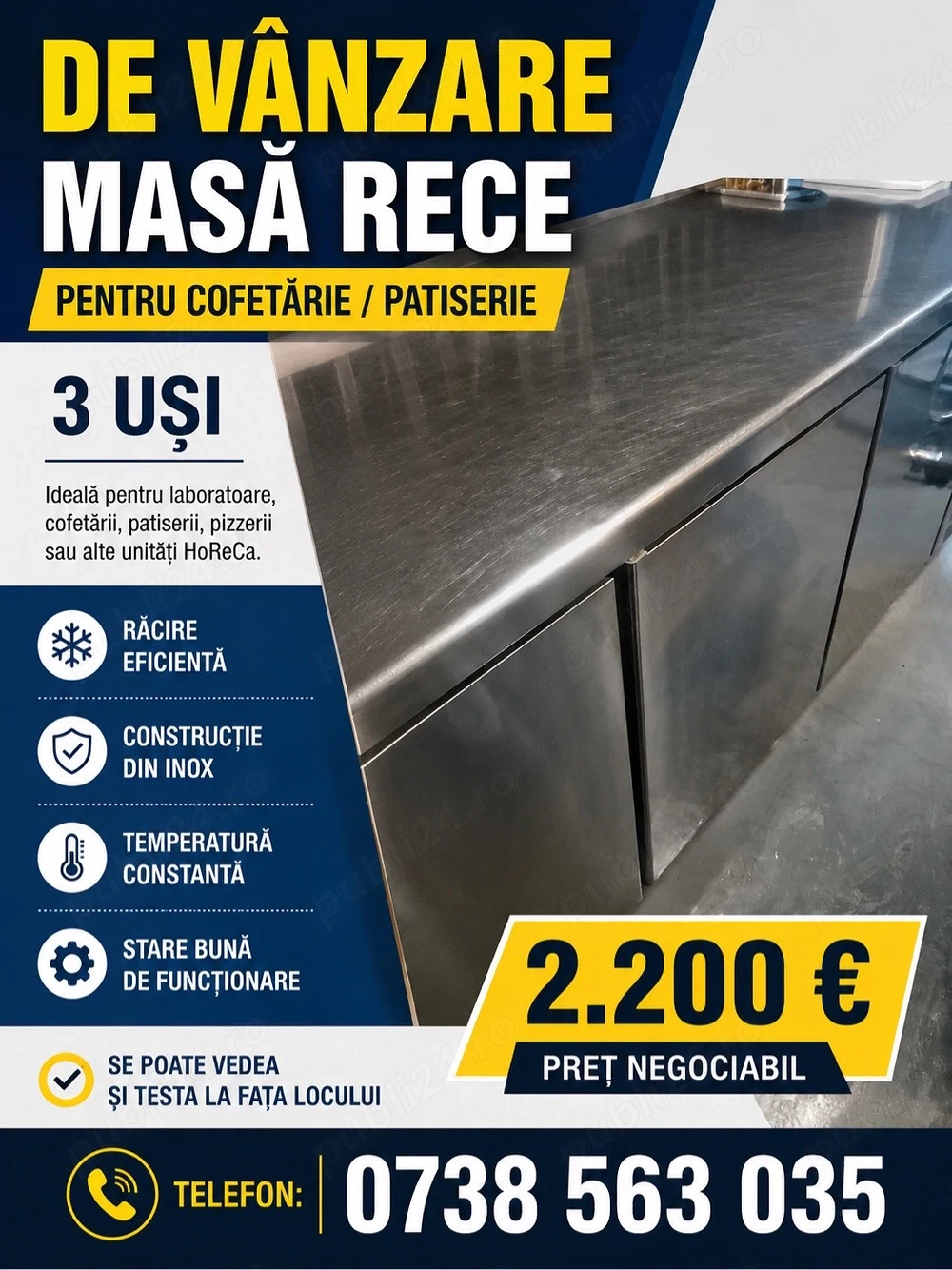 Masa rece profesionala inox 3 uși – masă frigorifică HoReCa pentru cofetărie, patiserie și pizzerie