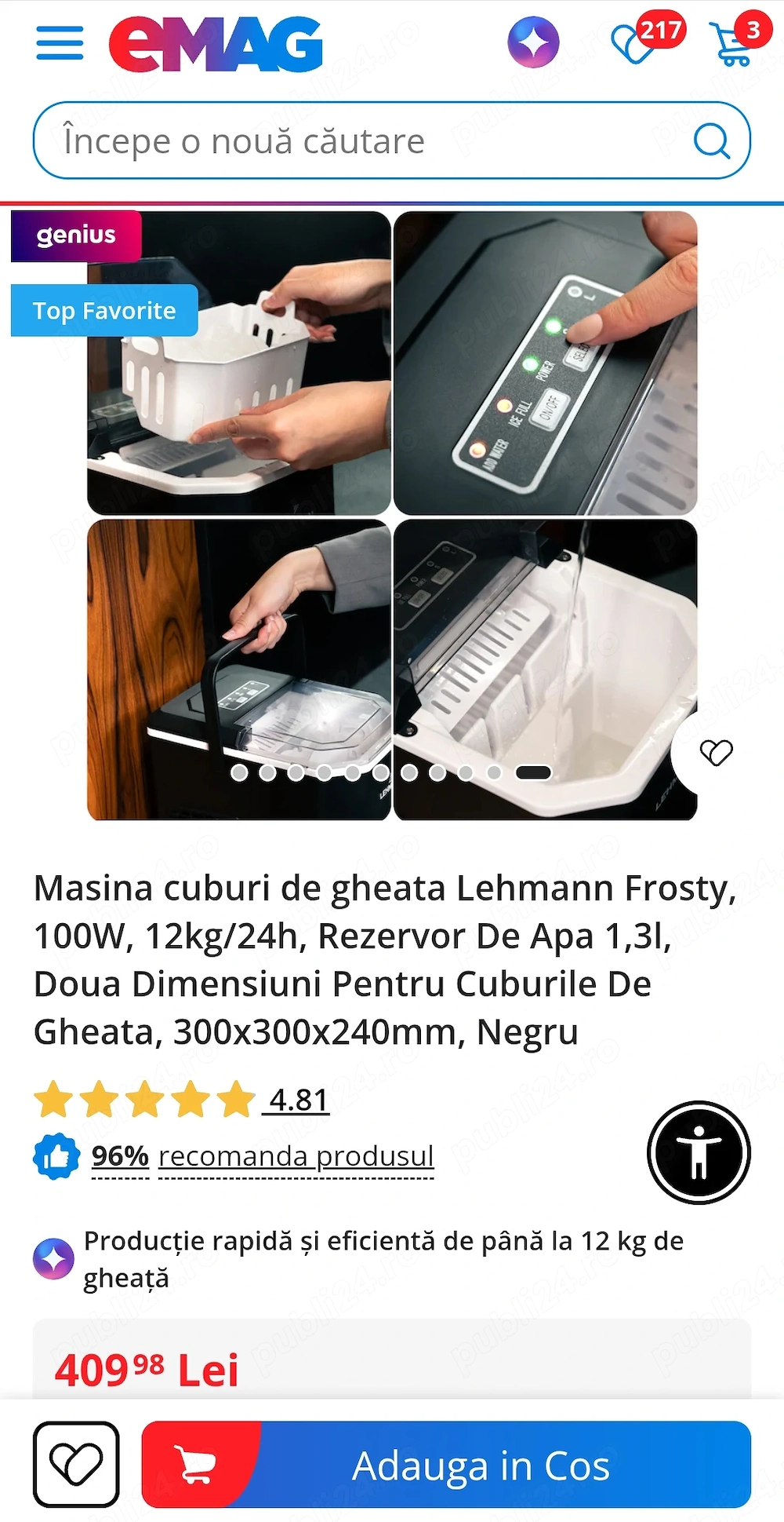 Masina de facut cuburi de gheata 12 kg/24h, 65 W, compatibila cu invertor, noua