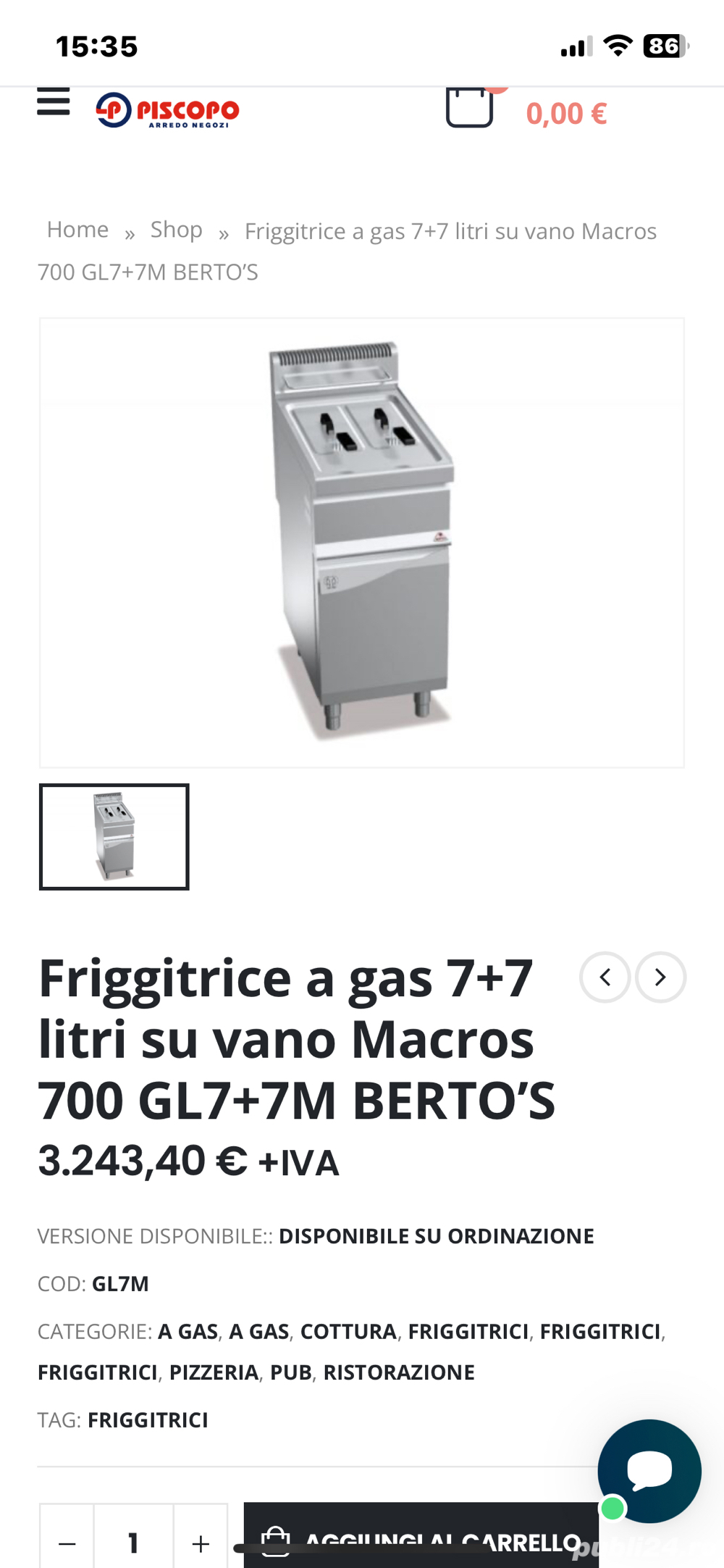 Friteuza profesionala pe gaz BERTOS 7+7 L, 2 cuve, 9.2 kW – Italia, Second Hand - Imagine 2