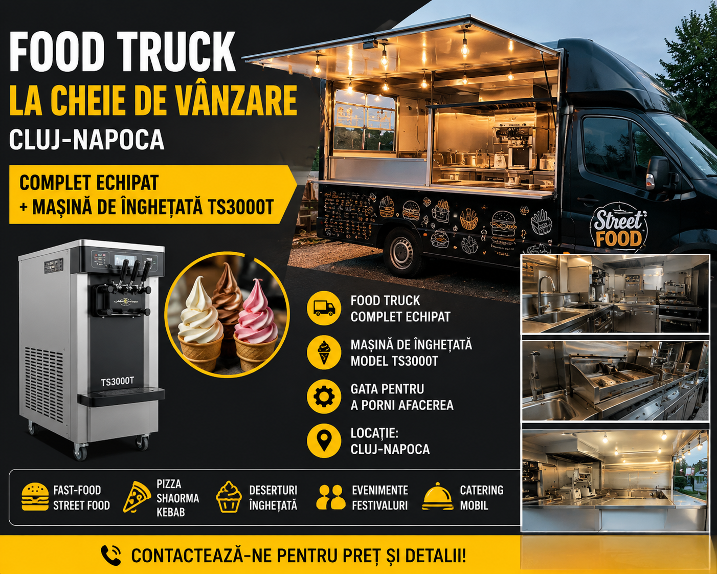 Food Truck la cheie de vânzare în Cluj-Napoca – complet echipat + mașină de înghețată TS3000T