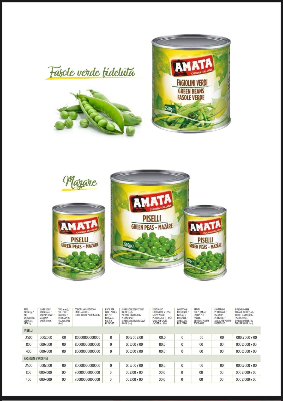 Fasole Verde Fideluta si Mazare AMATA la Conserva 400g, 800g si 2.5kg - HoReCa