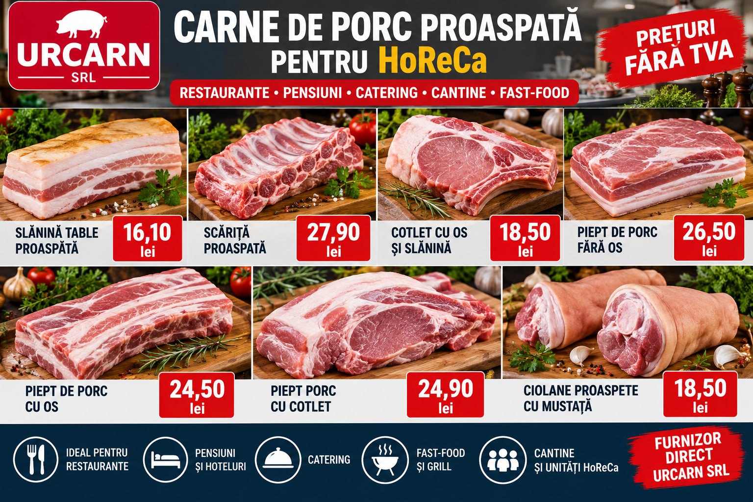 Carne de porc proaspata pentru HoReCa - cotlet, piept, scarita si ciolan URCARN