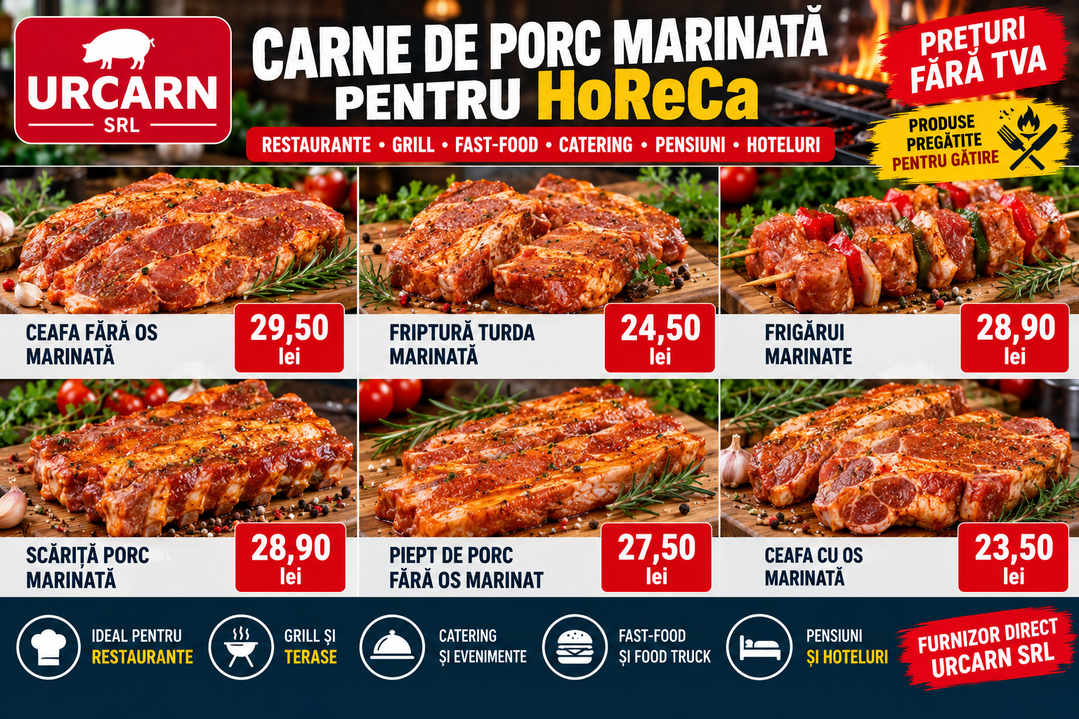 Carne de porc marinata pentru HoReCa - ceafa, scarita, frigarui si piept URCARN