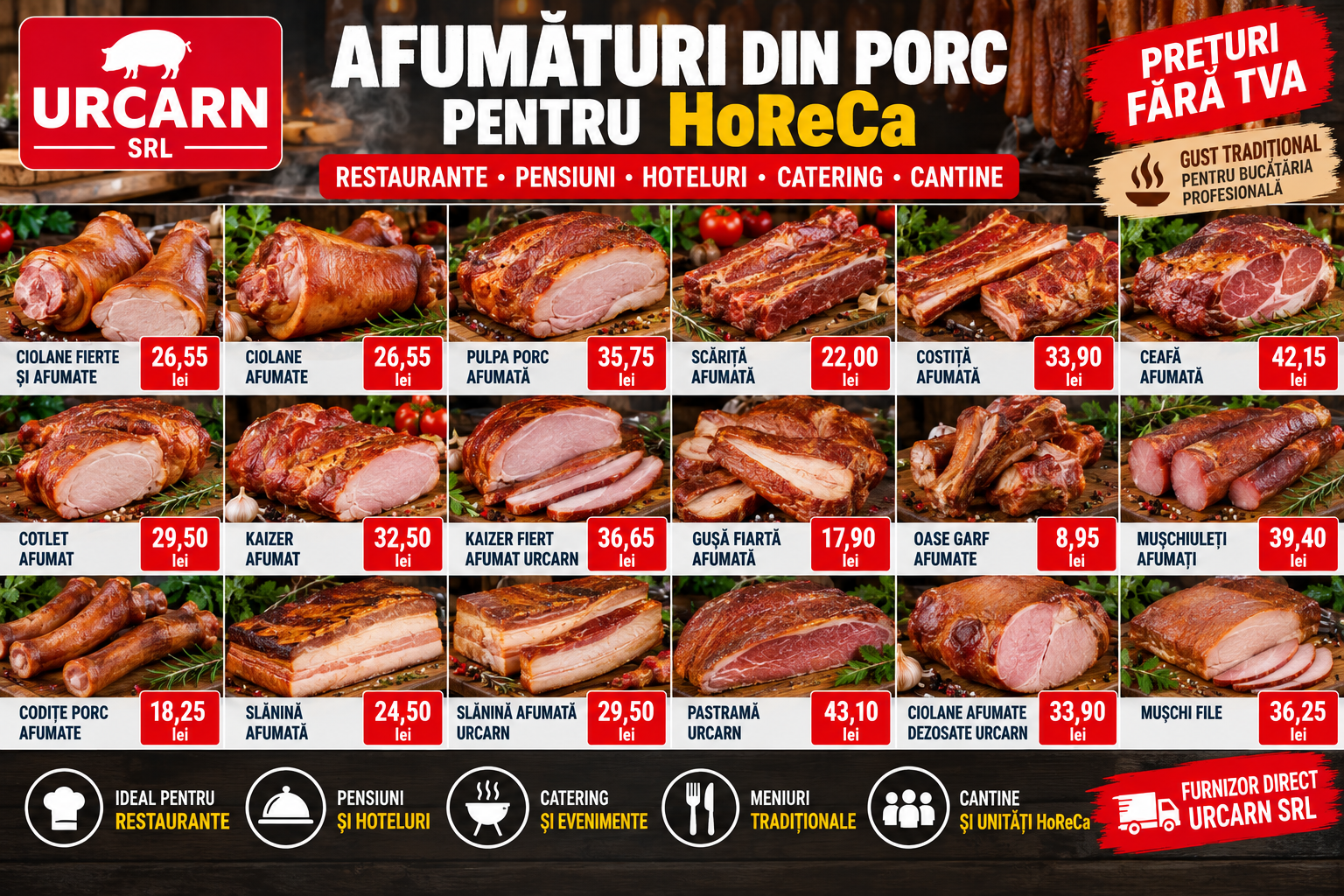 Afumaturi din porc pentru HoReCa - ciolan, costita, ceafa, kaizer si slanina URCARN