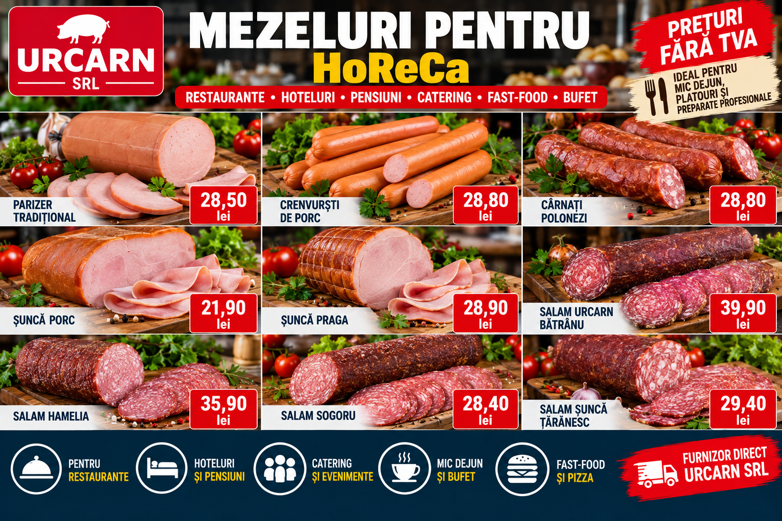 Mezeluri pentru HoReCa - sunca, salam, crenvursti si carnati URCARN