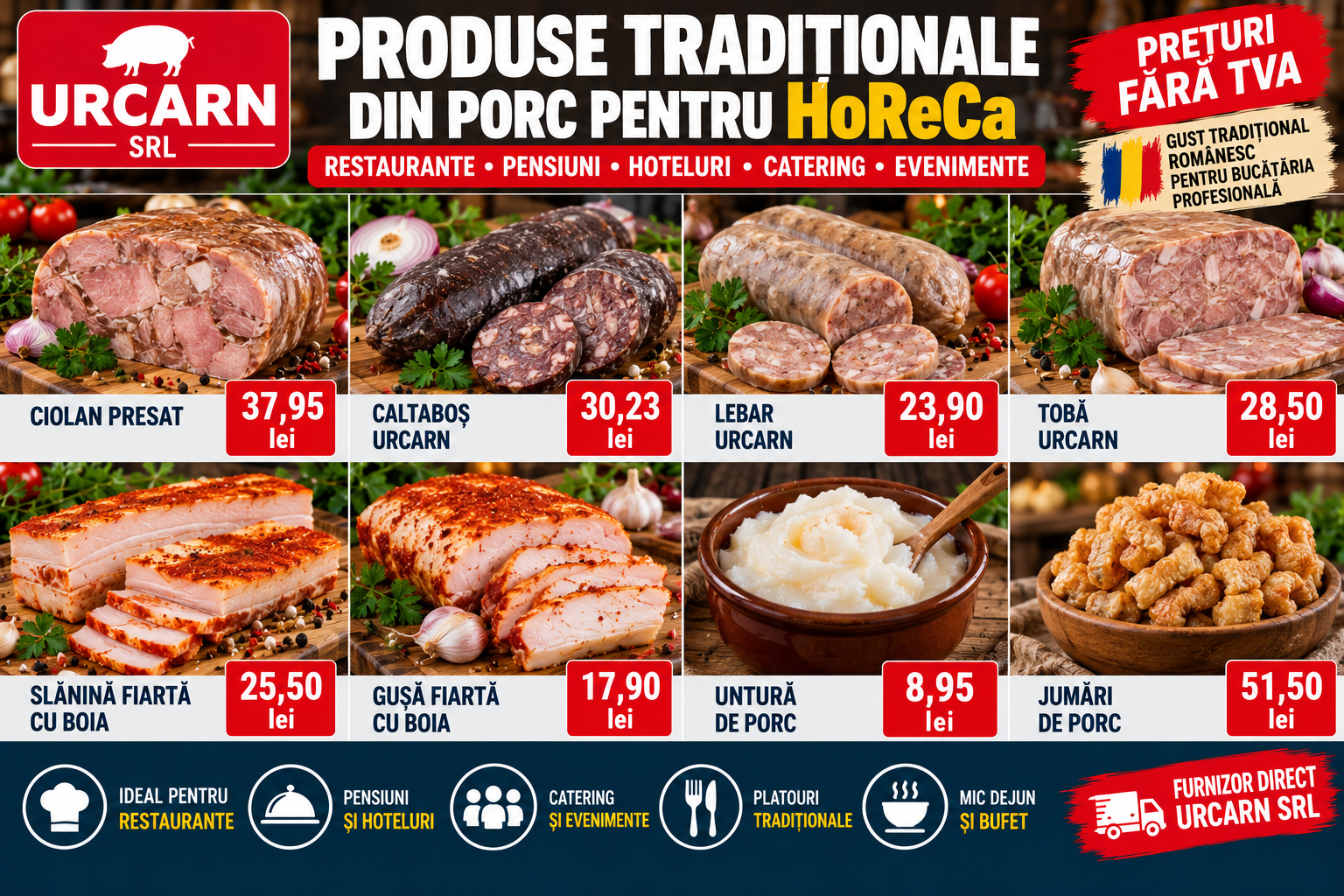 Produse traditionale din porc pentru HoReCa - caltabos, lebar, toba si jumari URCARN
