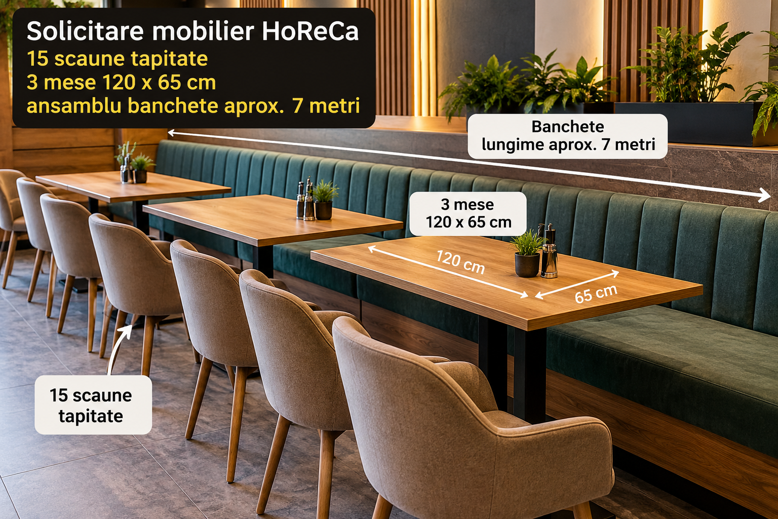 Cumpar mobilier HoReCa - 15 scaune tapitate, 3 mese 120x65 cm si banchete aprox. 7 metri pentru restaurant