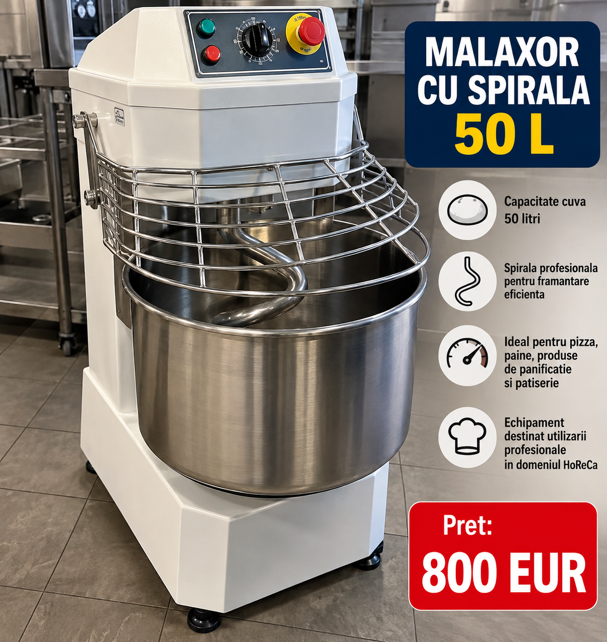 Malaxor cu spirala profesional pentru aluat - Echipament HoReCa pentru pizzerie, brutarie si patiserie