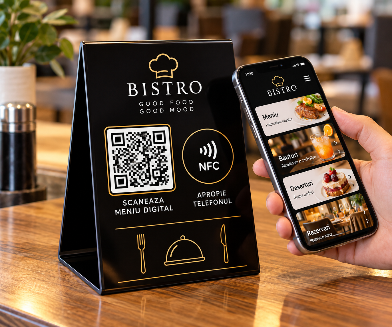 Suport pentru meniu digital QR+NFC - Stand masa restaurant, cafenea, bar si HoReCa