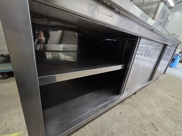 Masa profesionala inox cu 3 usi glisante si polita reglabila, 240x70x85 cm, pentru bucatarie HoReCa - Imagine 3