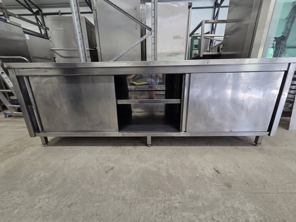 Masa profesionala inox cu 3 usi glisante si polita reglabila, 240x70x85 cm, pentru bucatarie HoReCa - Imagine 4