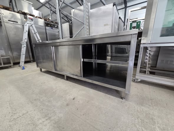 Masa profesionala inox cu 3 usi glisante si polita reglabila, 240x70x85 cm, pentru bucatarie HoReCa - Imagine 5