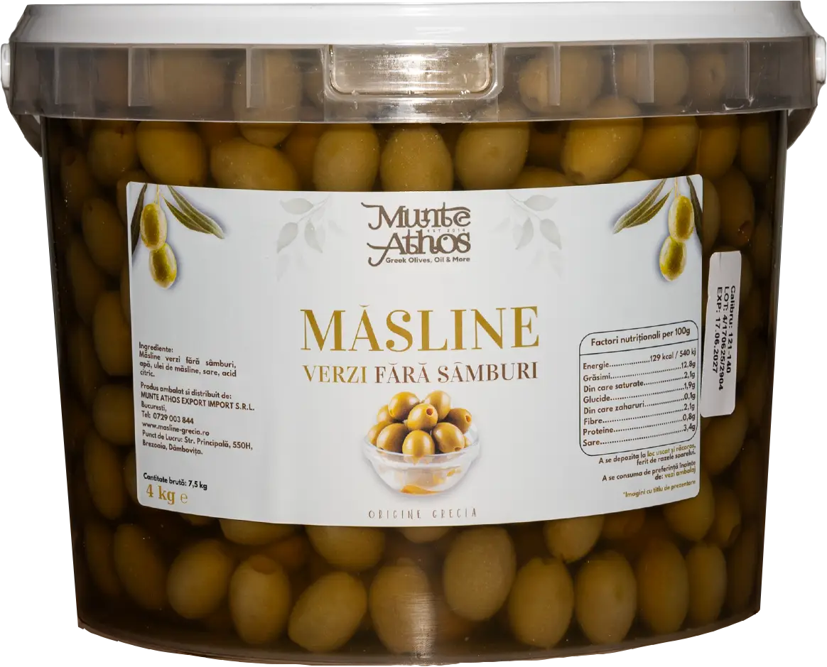 Măsline Verzi Fără Sâmburi 4 kg – în Saramură, pentru Salate, Pizza, Aperitive, Restaurante și HoReCa