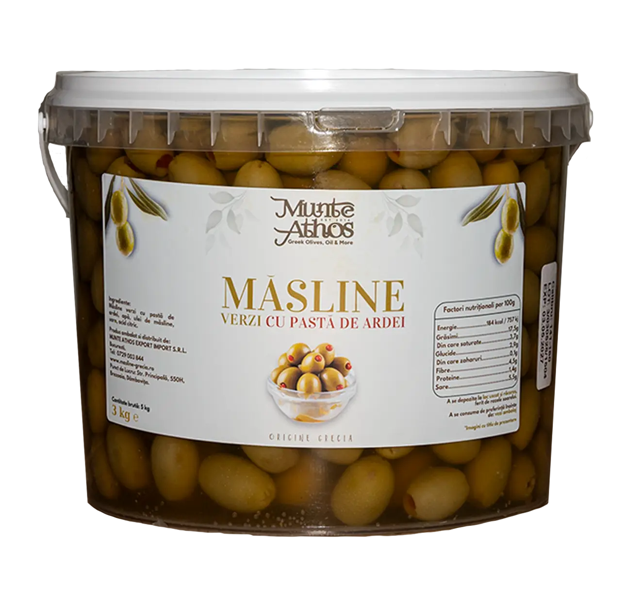 Masline Verzi cu pasta de ardei in saramura in Saramura – Aperitiv Mediteranean pentru Restaurante, Catering si HoReCa